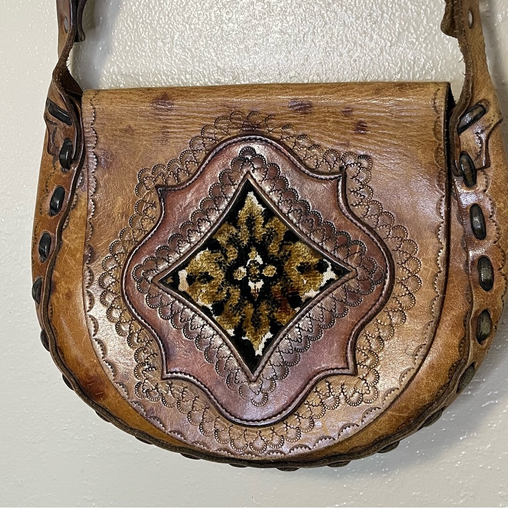 Handmade Vintage Tooled Leather 70s Boho Brown Braided Shoulder Saddle Bag Purse - Picture 4 of 8